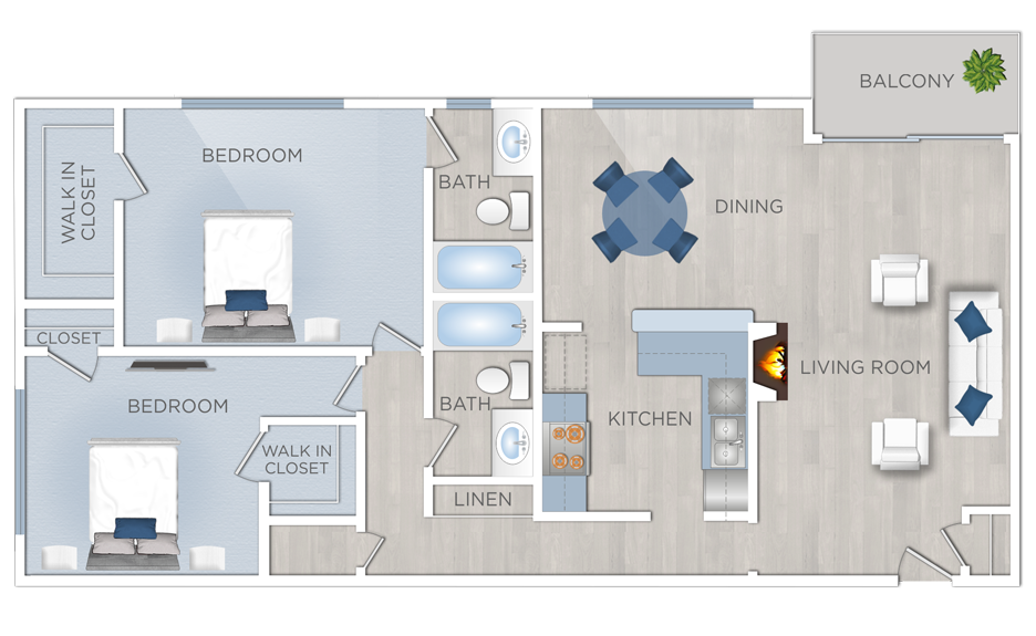 Floor plan for 2 beds, 2 baths, 1267 sqft